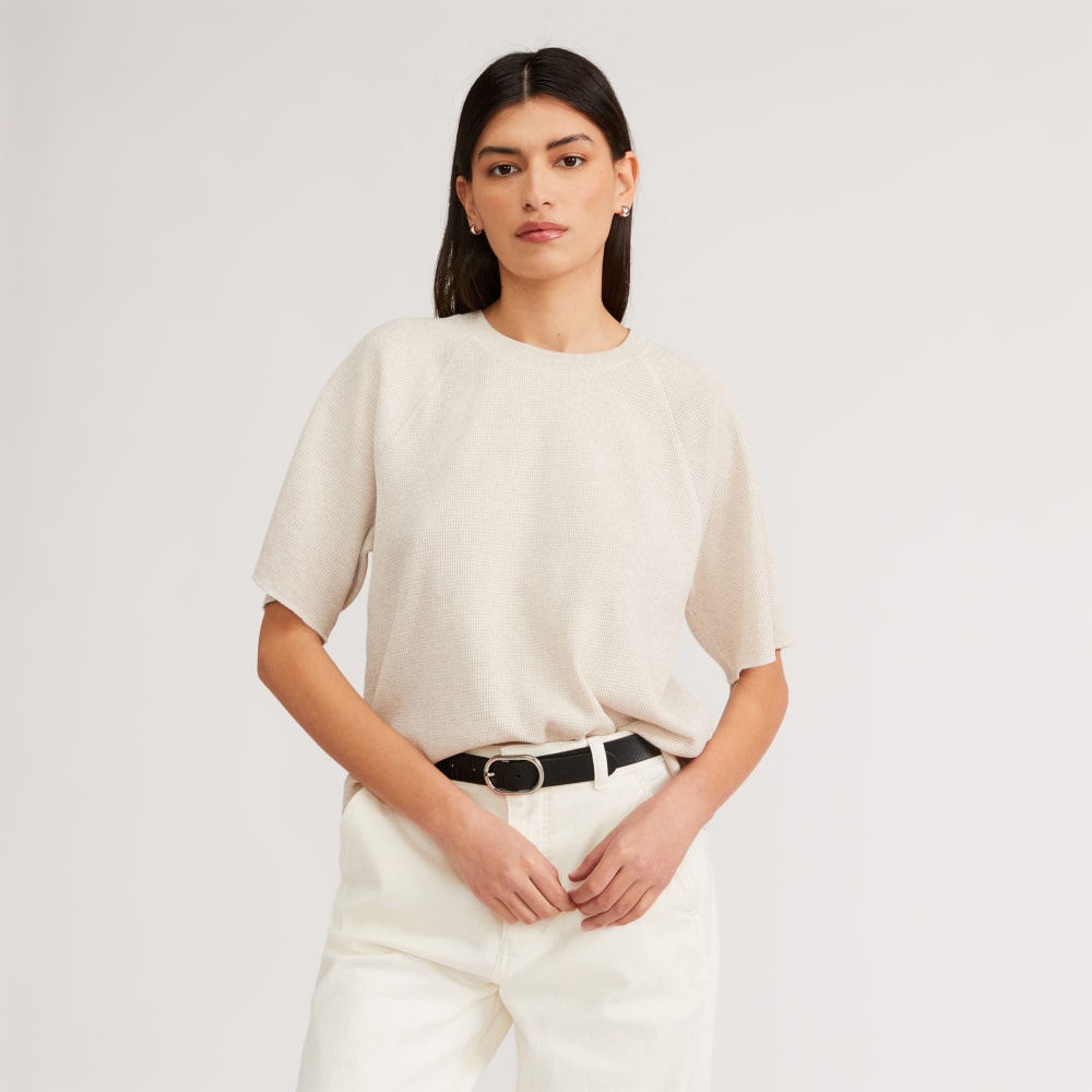 The Organic Cotton Waffle Raglan Tee in Heathered Tan — front view