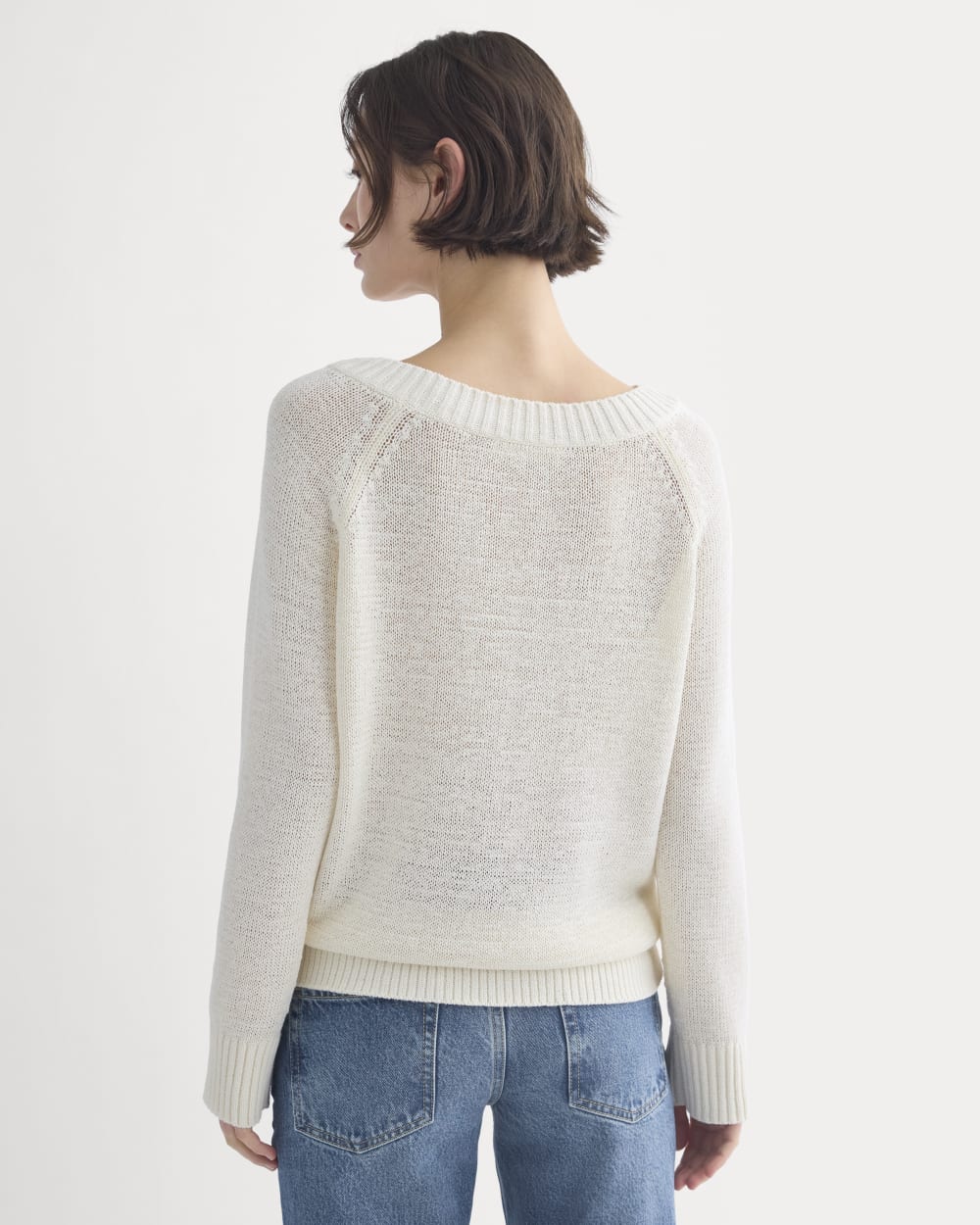 Wide-Neck Crew Sweater in Tape Yarn in Bone — detail view