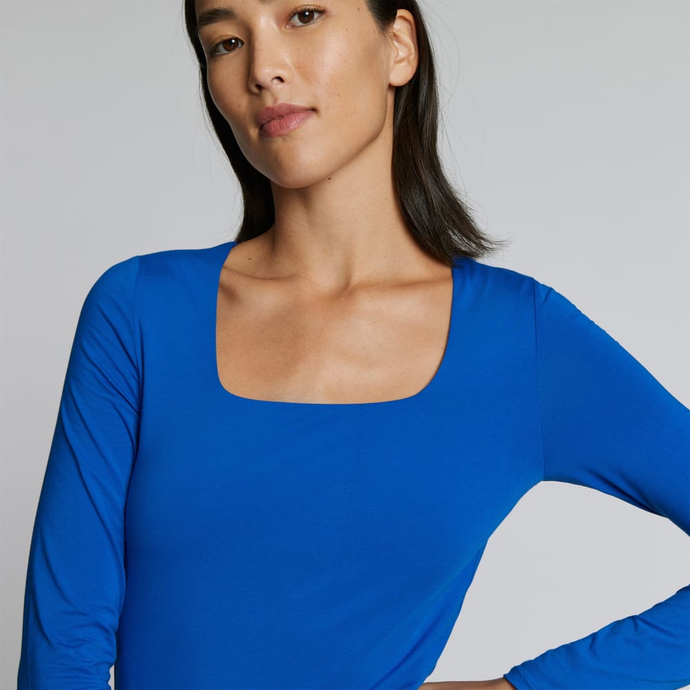 The Long-Sleeve Supima® Square-Neck Bodysuit in Lapis Blue — detail view