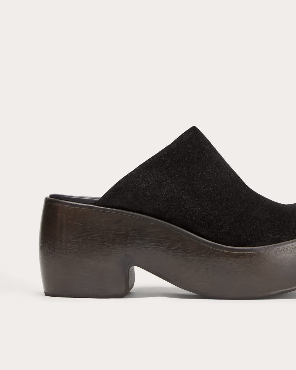 The Wooden Puffa Clog in Black Suede — detail view