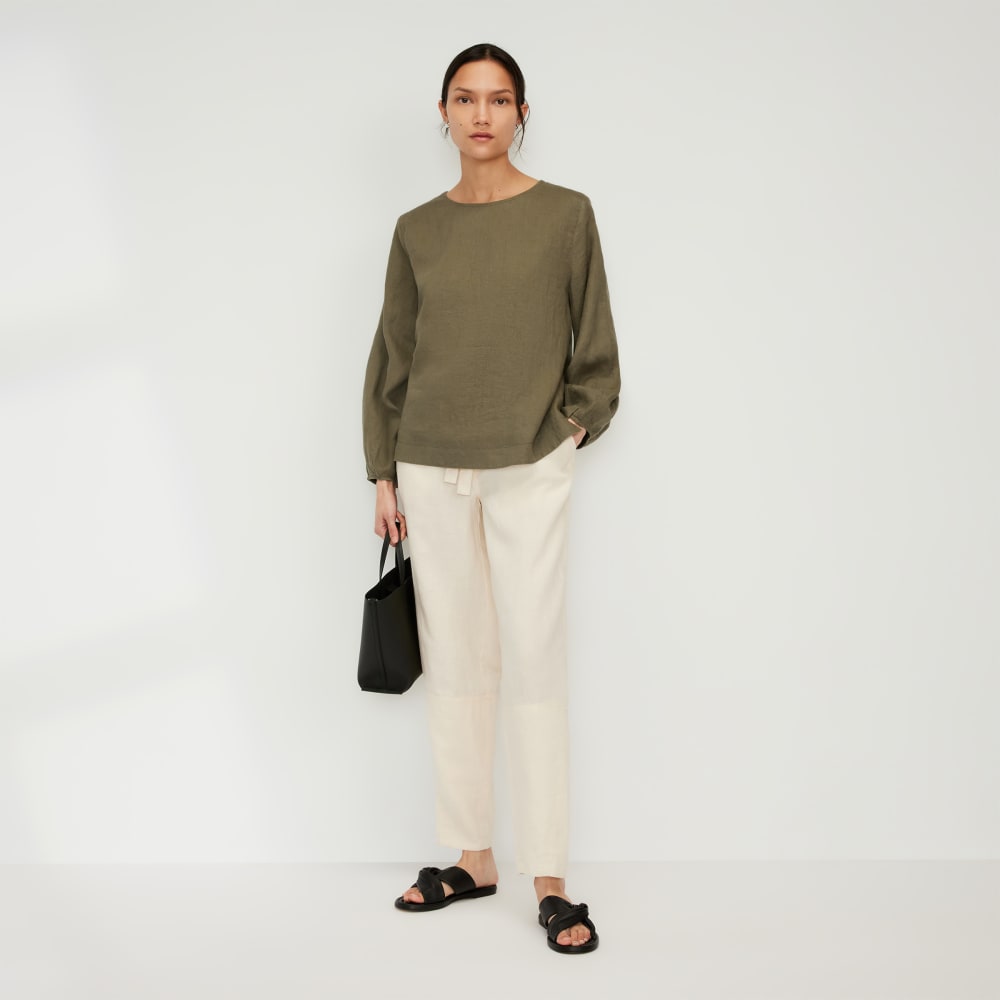 The Linen Long-Sleeve Top in Kalamata — detail view