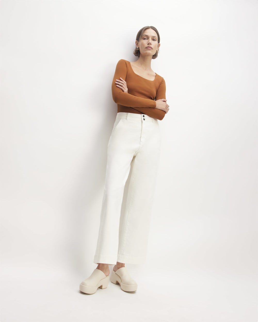 The Long-Sleeve Supima® Square-Neck Bodysuit in Honey — front view