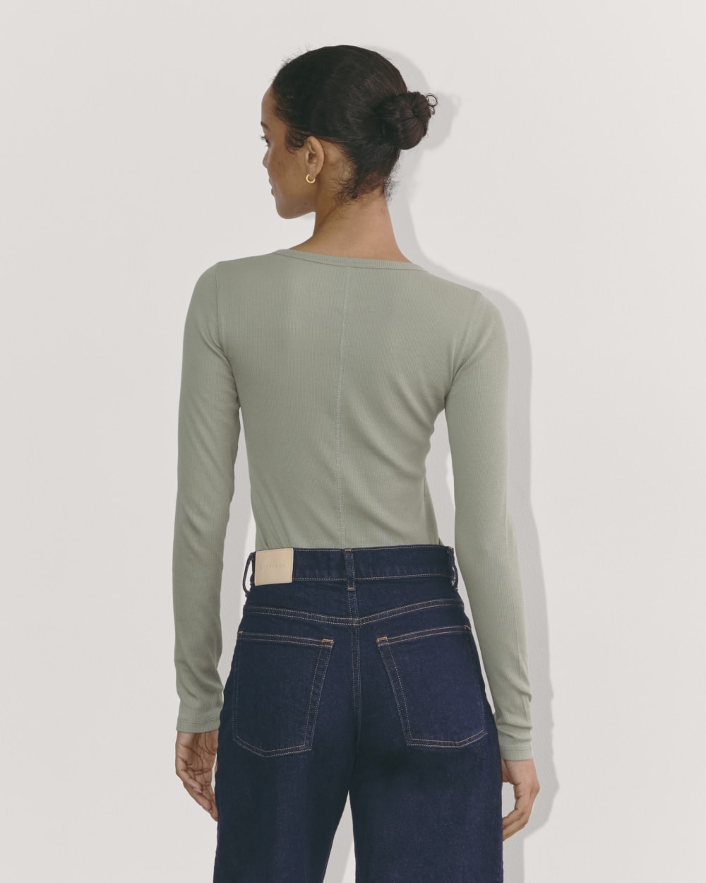 The Luxe Rib Long-Sleeve Crew in Sage Green — detail view