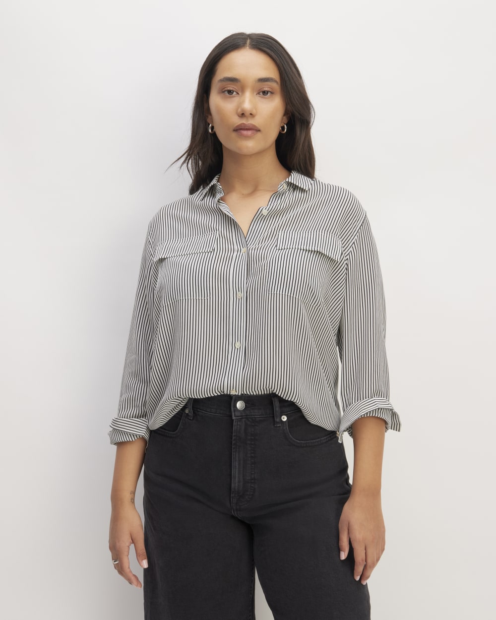 The Utility Shirt in Washable Silk in Black / White — front view