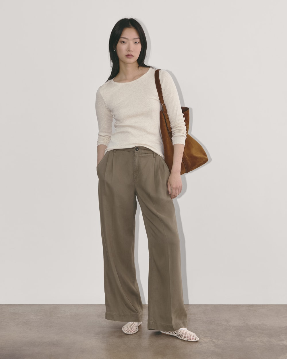 The Luxe Rib Long-Sleeve Crew in Heathered Oat — detail view