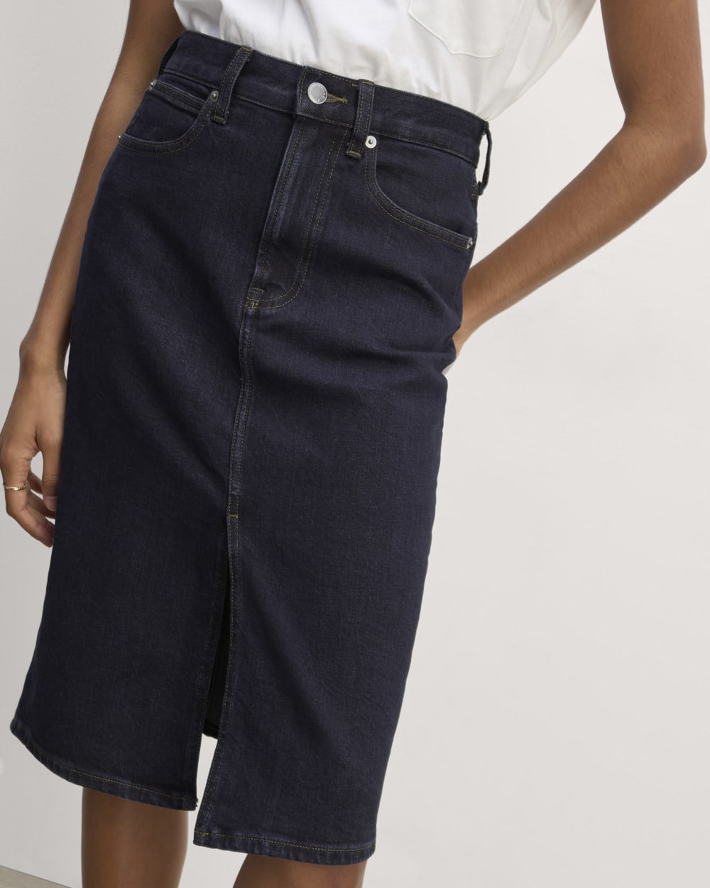 The Mid-Way Skirt in Deep Rinse — detail view
