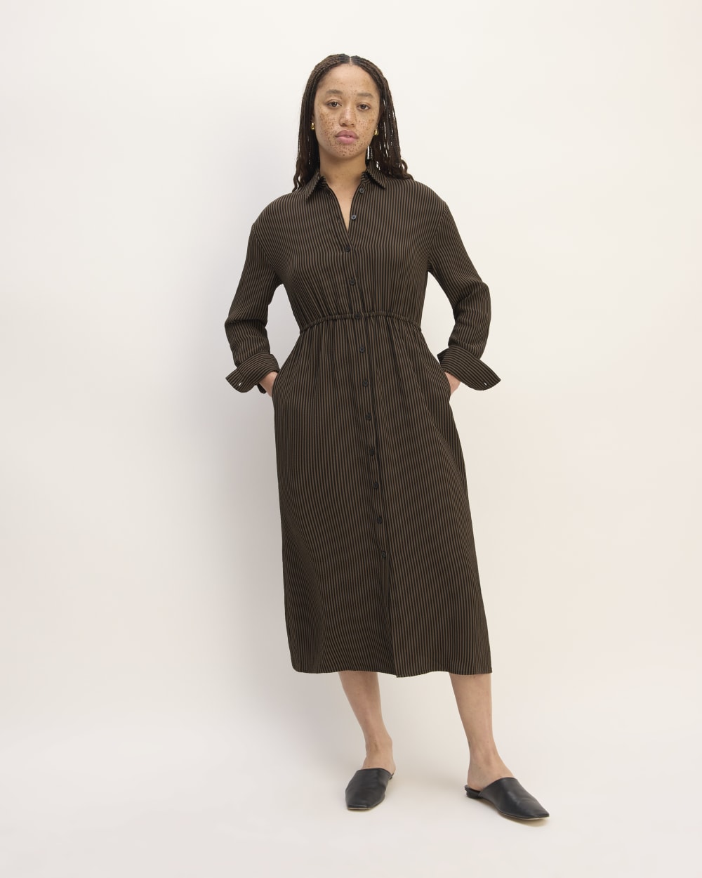 The Mini Jacquard Stripe Shirt Dress in Cocoa / Black — front view