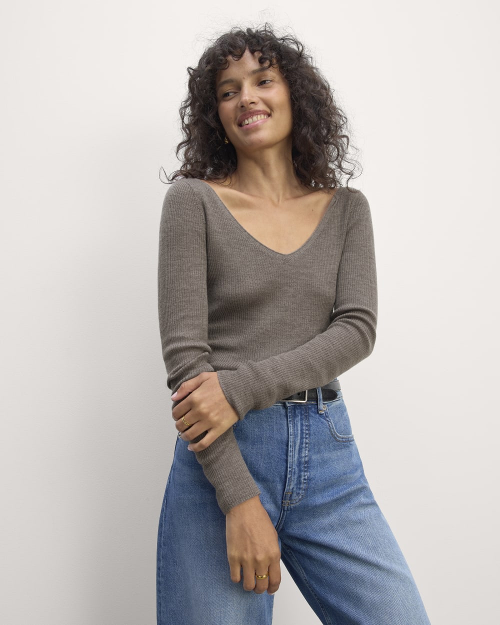 The Off-Shoulder Top in Ultrasoft Merino in Heather Cocoa — front view