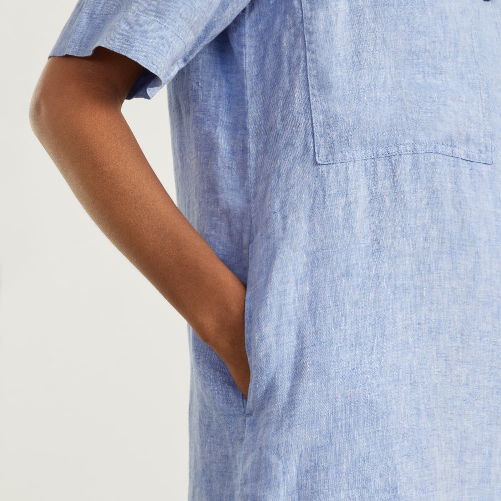The Linen Workwear Dress in Medium Blue — detail view