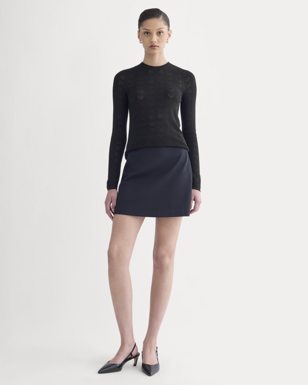 The Pointelle Crew in Ultrasoft Merino in Black — detail view