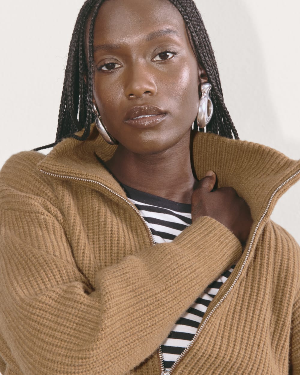 The Half-Zip Sweater in Luxe Merino in Deep Camel — detail view