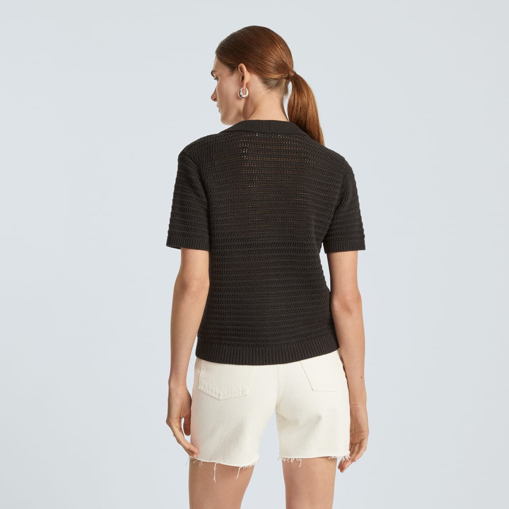 The Crochet Knit Polo in Black — detail view