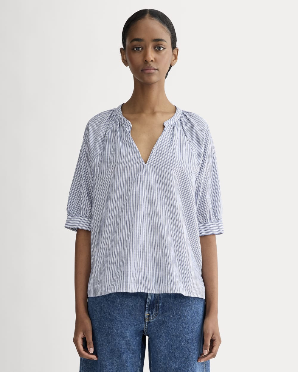 The Gauze Gathered Top in Mazarine Blue / Optic White — front view