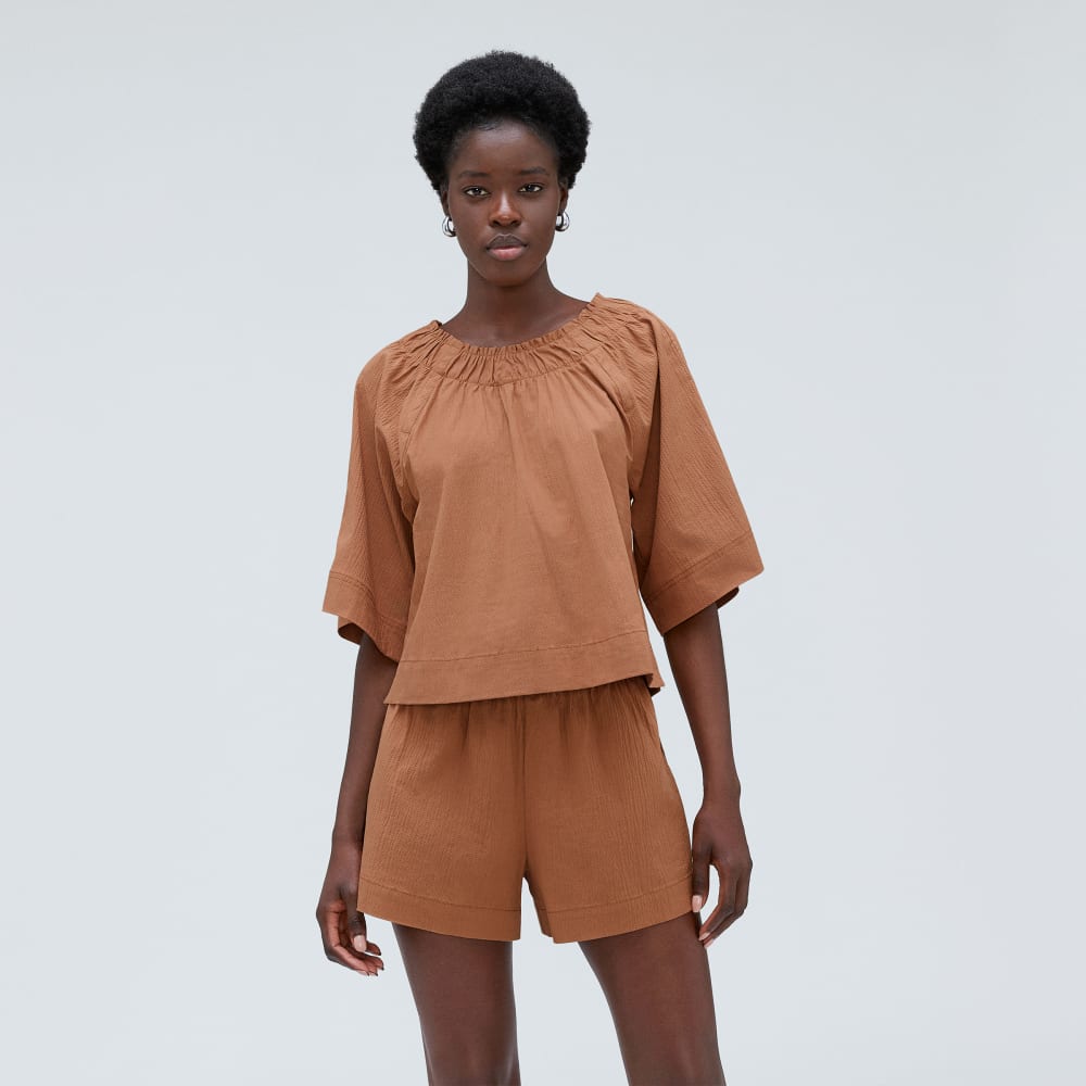 The Seersucker Gathered Tee in Tawny Brown — front view