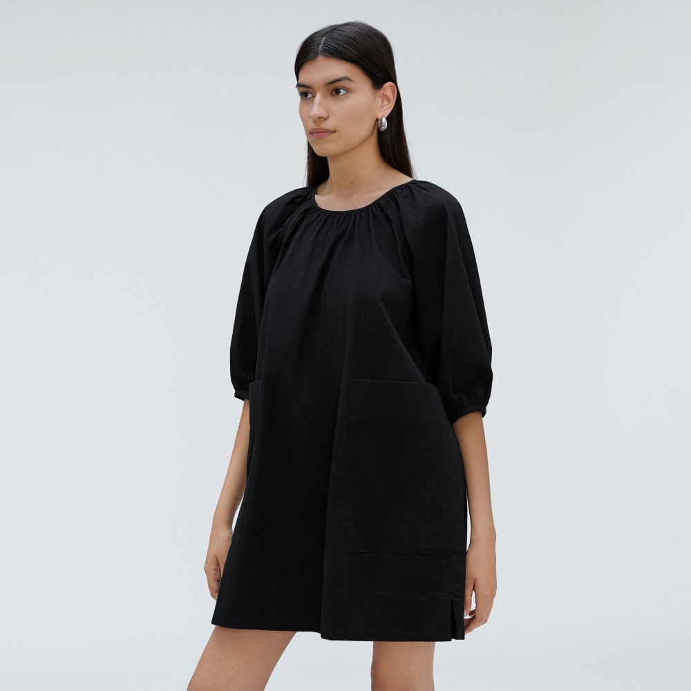 The Seersucker Puff Sleeve Dress in Black — detail view