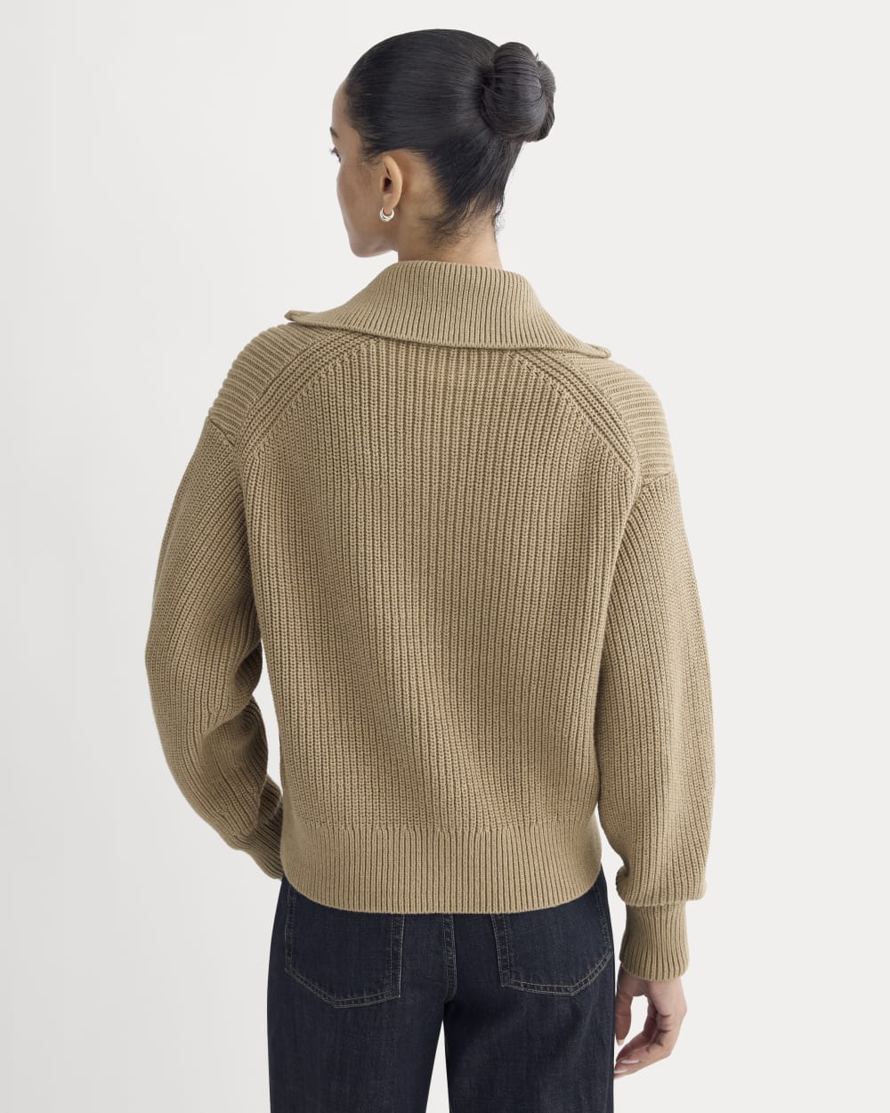 The Full-Zip Sweater in Everyday Cotton in Dark Heathered Camel — detail view