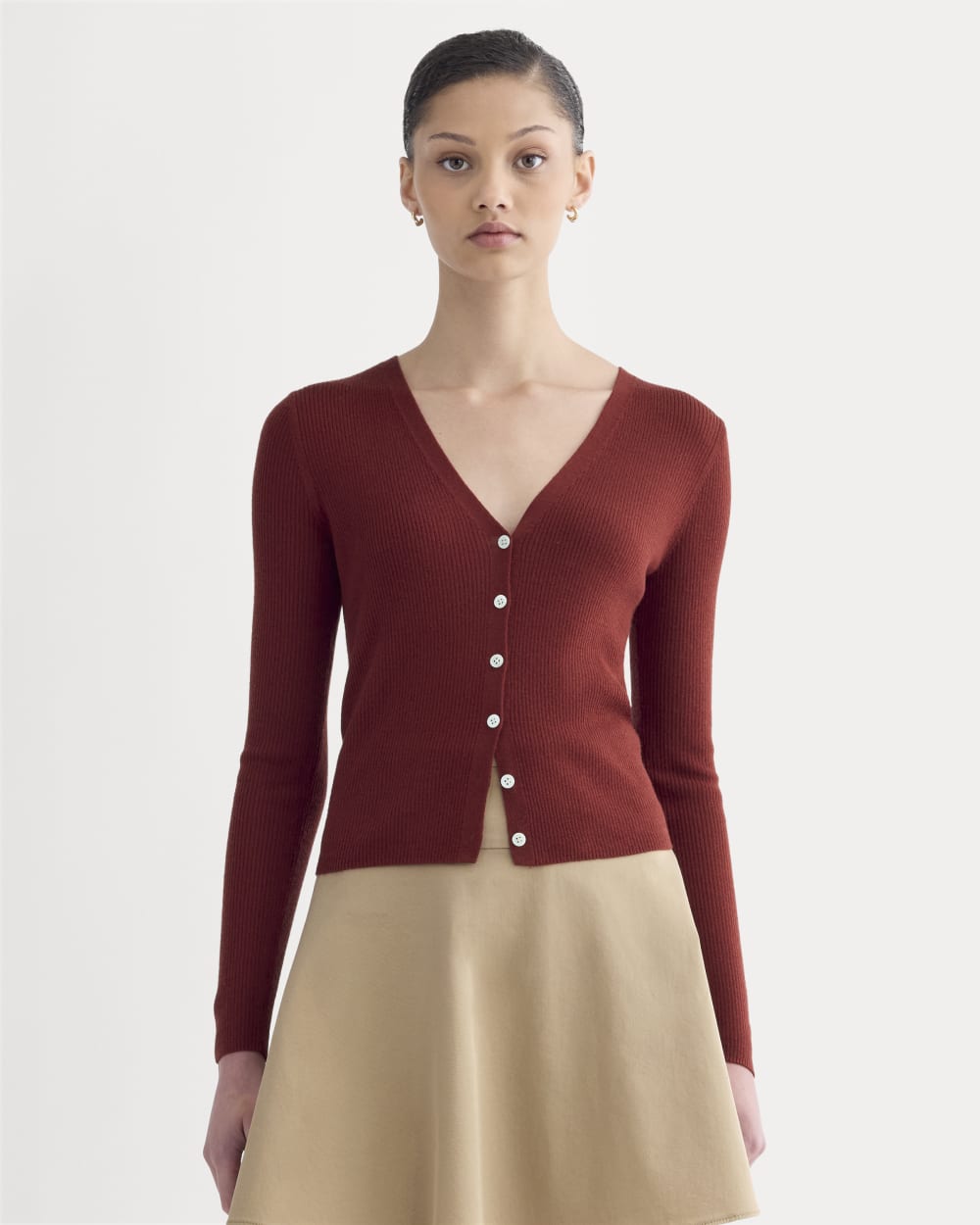 The Cardigan in Ultrasoft Merino in Merlot — front view