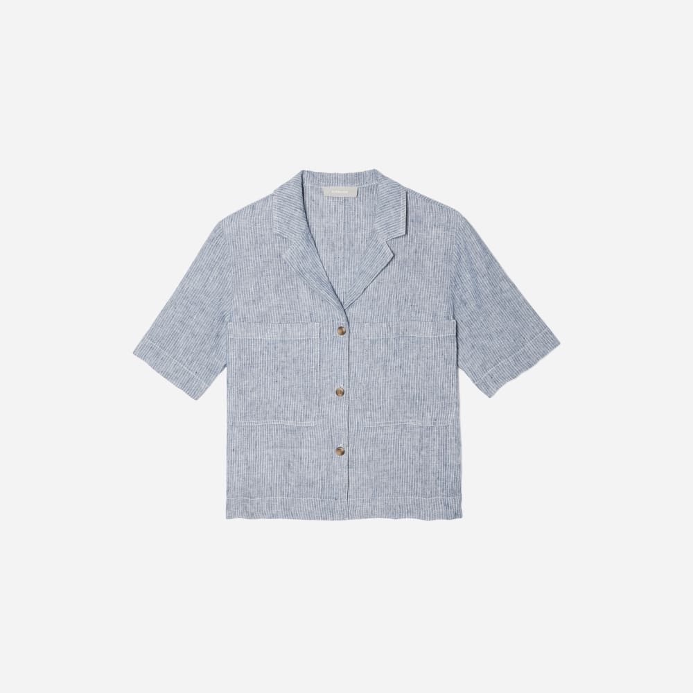 The Linen Workwear Shirt in Blue Pinstripe — front view