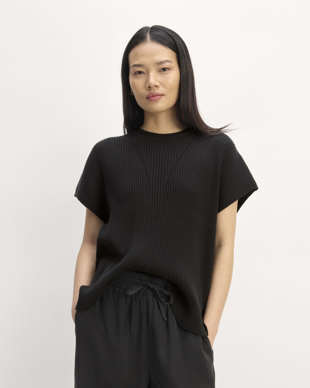 The Cotton Knit Caftan Top in Black — front view