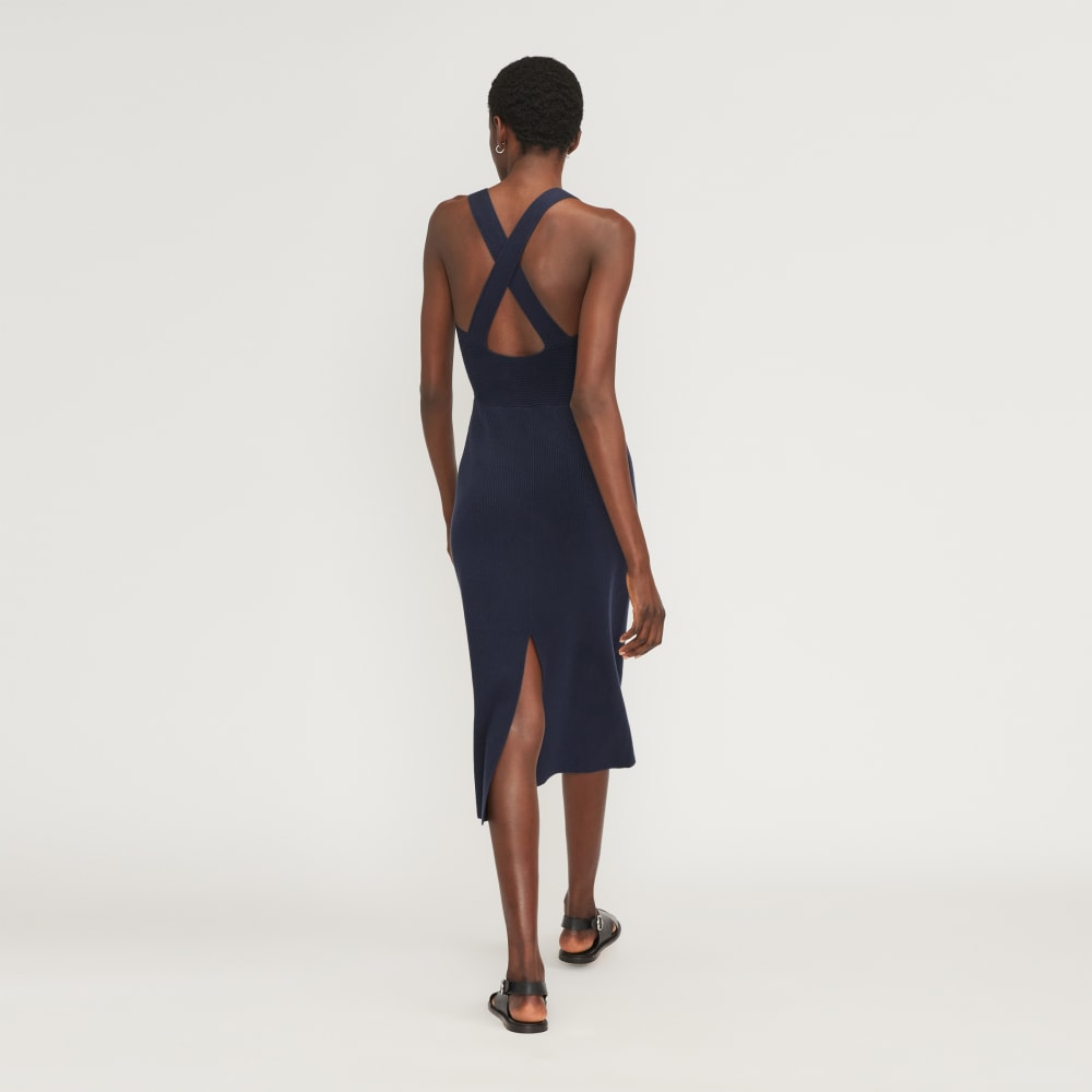 The Ribbed Cotton Cross-Back Dress in Navy — detail view