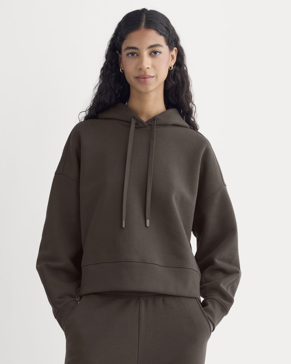 Cropped Luxe Fleece Hoodie in Dark Chocolate — front view