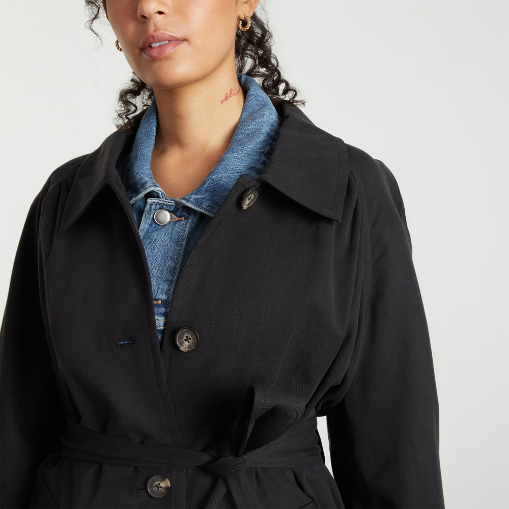 The Gathered Drape Trench in Black — detail view