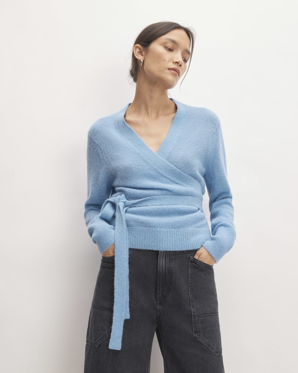 The Alpaca Wrap Sweater in Heritage Blue — front view
