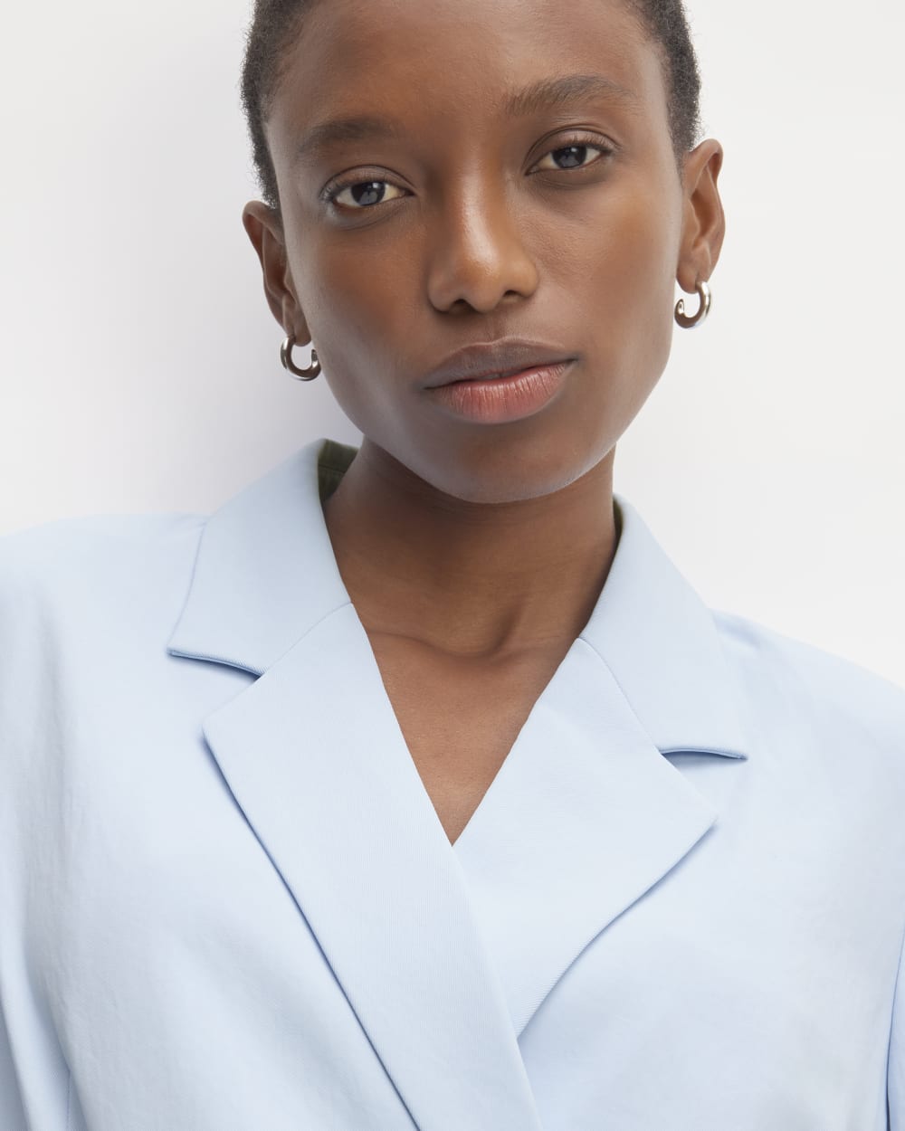 The Drapey Blazer in Chambray Blue — detail view