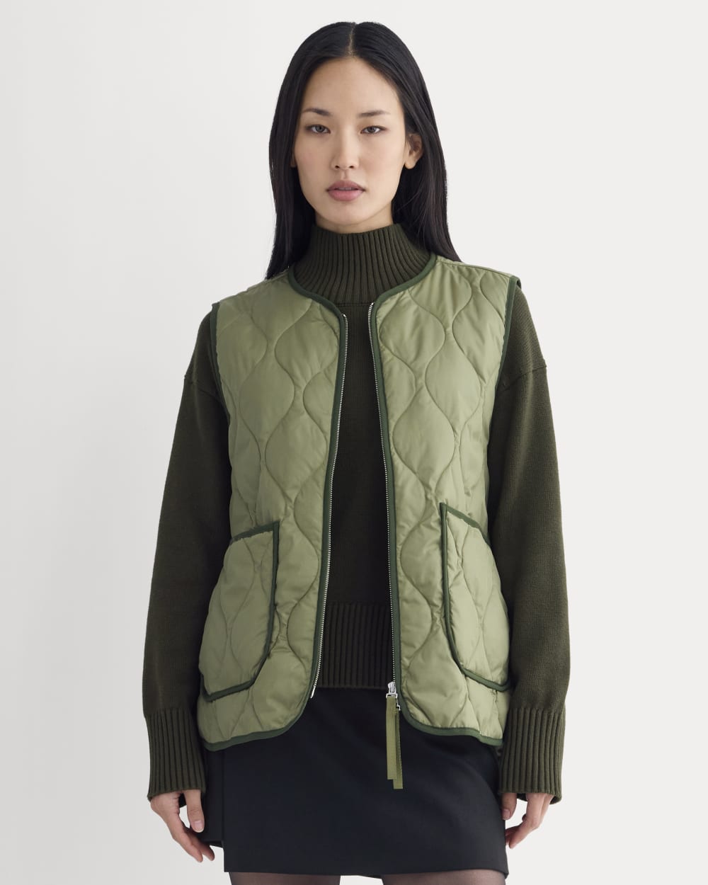 ReNew Quilted Vest in Lichen Green — front view