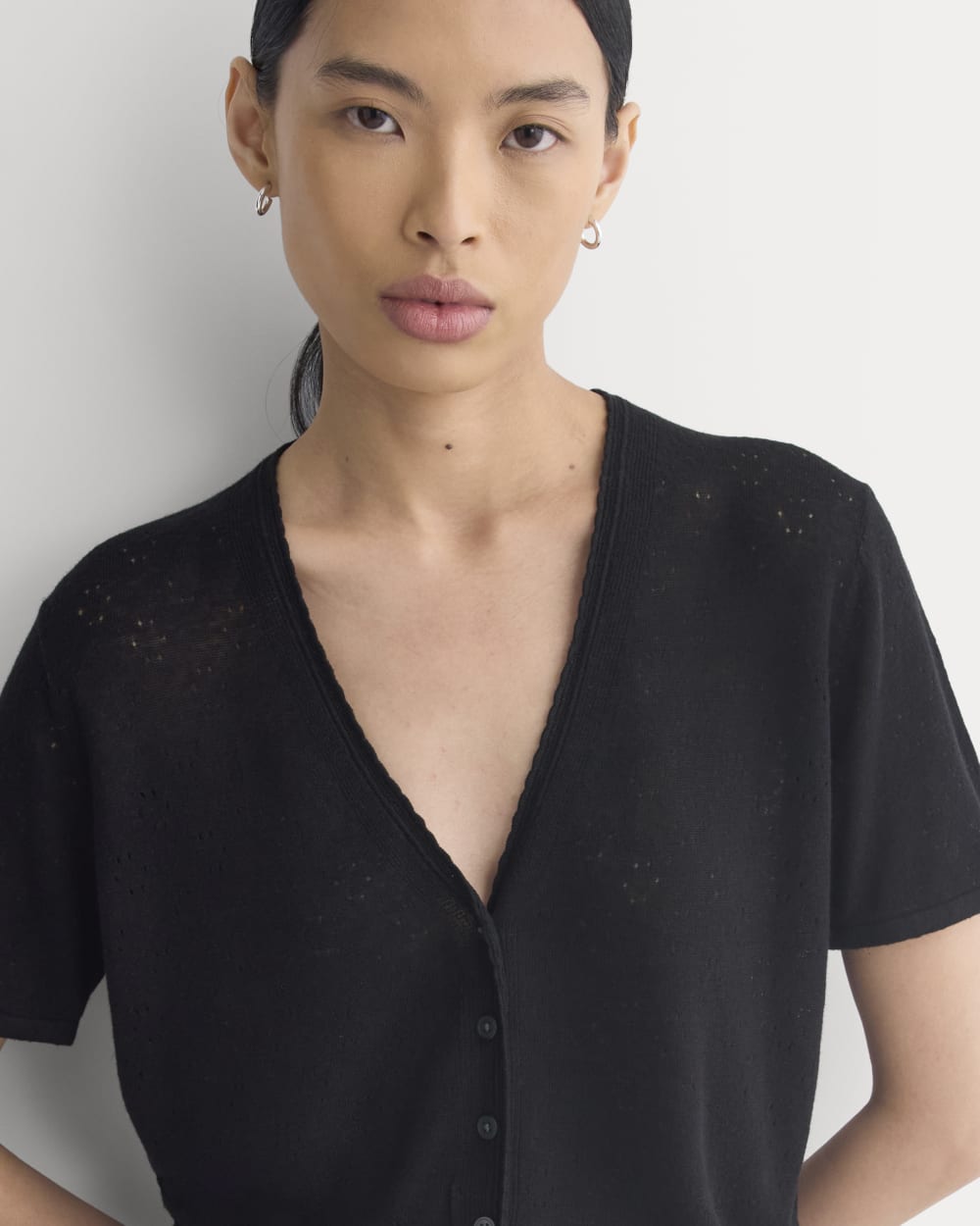 Lace Trim Cardigan in Fine Linen in Black — detail view