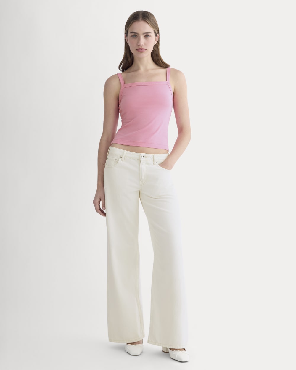 The Essential Square-Neck Tank in Deep Pink — detail view