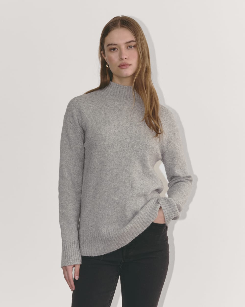 The Mockneck Sweater in Plush Cotton in Heathered Grey — front view