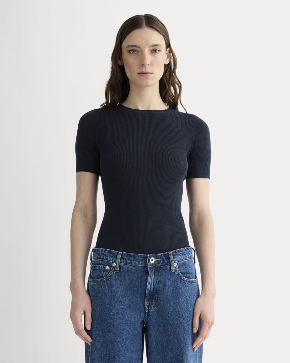 The Sweater Tee in Ultrasoft Merino in Navy — front view