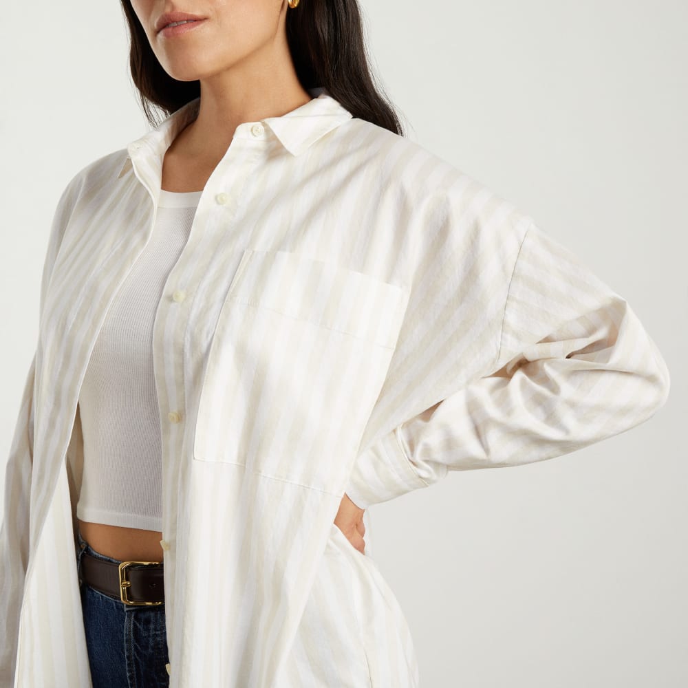 The Oversized Silky Cotton Shirt in Sand / White — detail view