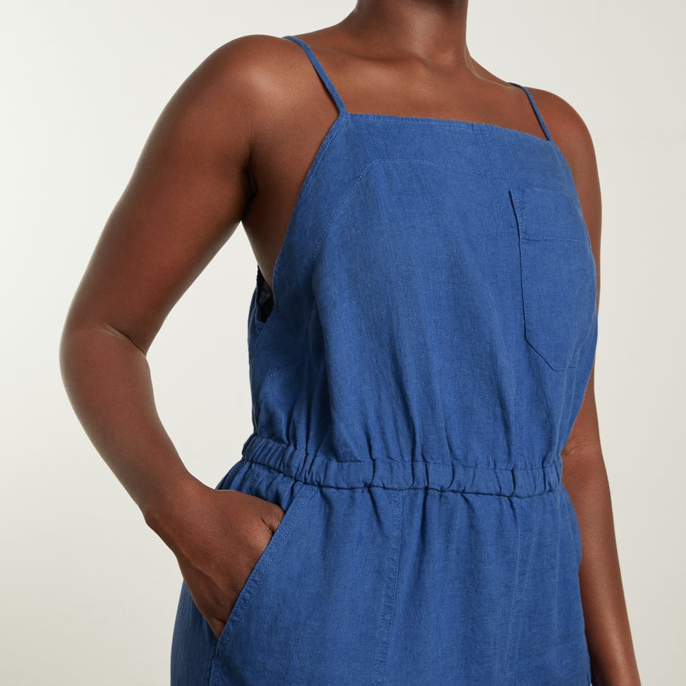 The Linen Shoestring Jumpsuit in Deep Blue — detail view
