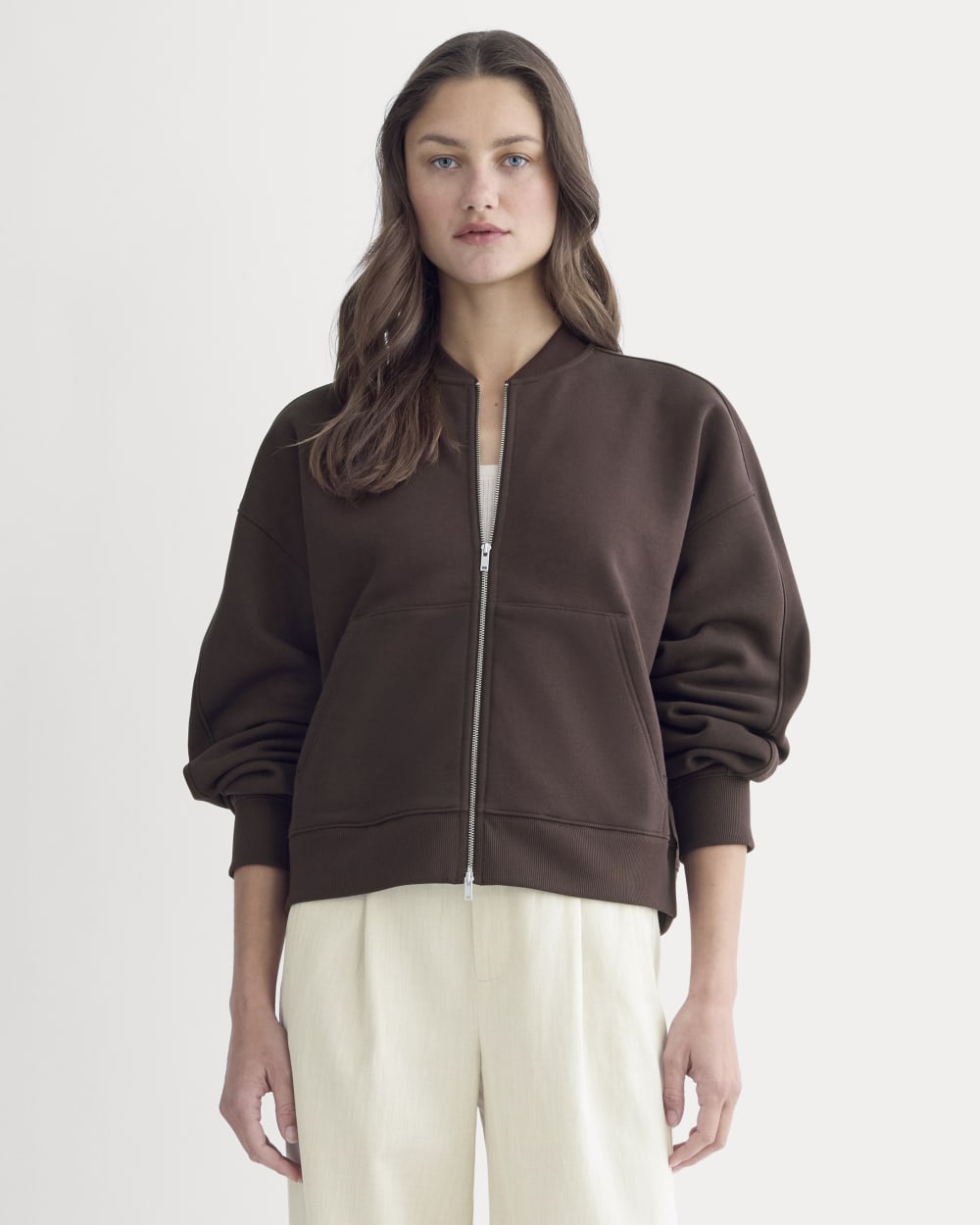 Luxe Fleece Bomber Jacket in Dark Chocolate — front view