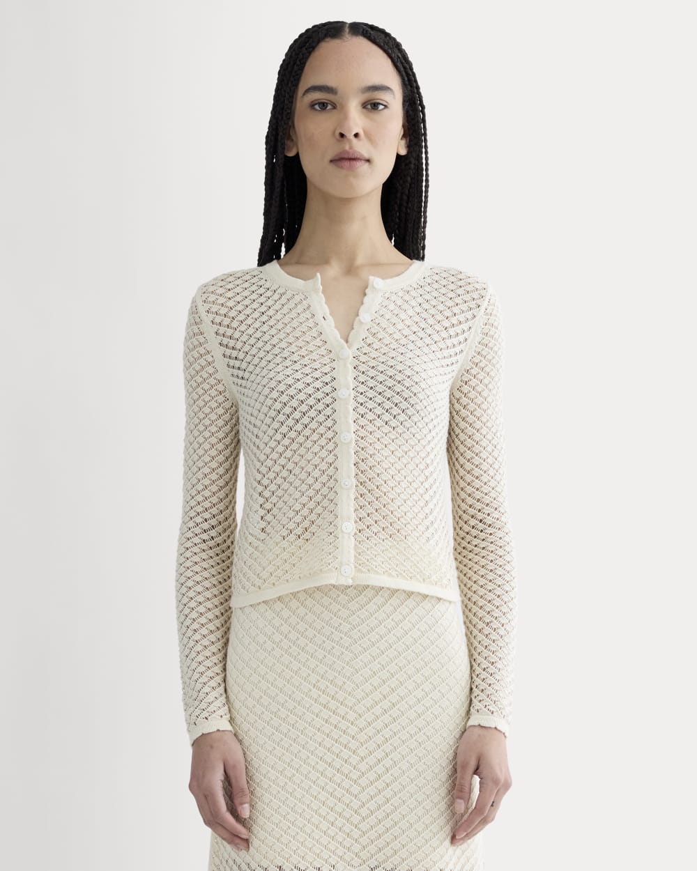 The Lace Knit Cardigan in Birch — front view