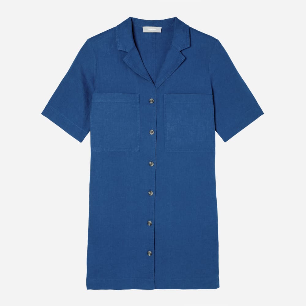 The Linen Workwear Dress in Deep Blue — front view