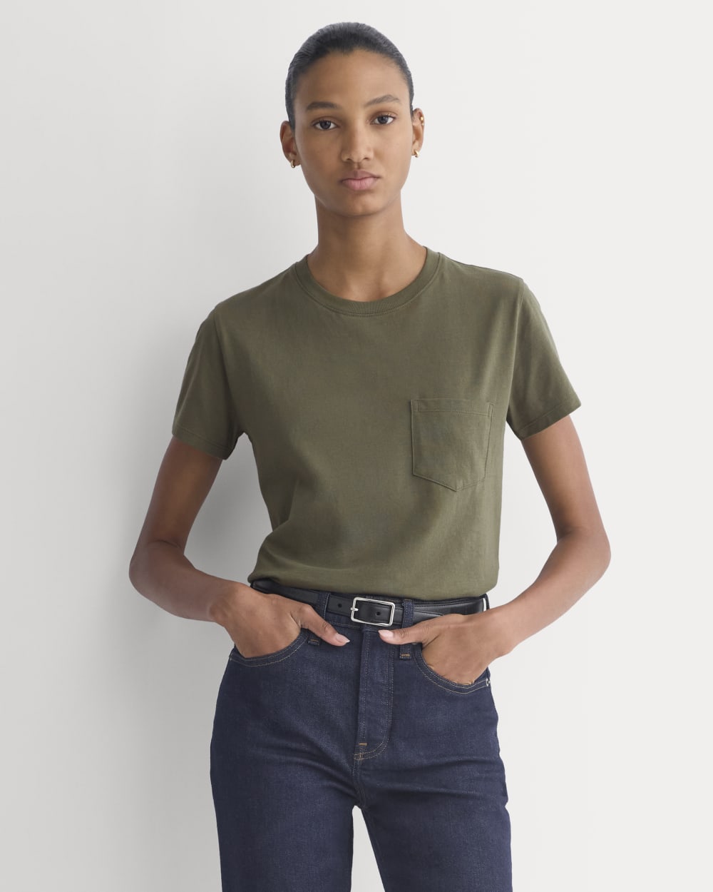 The Box-Cut Tee in Essential Cotton in Olive Night — front view