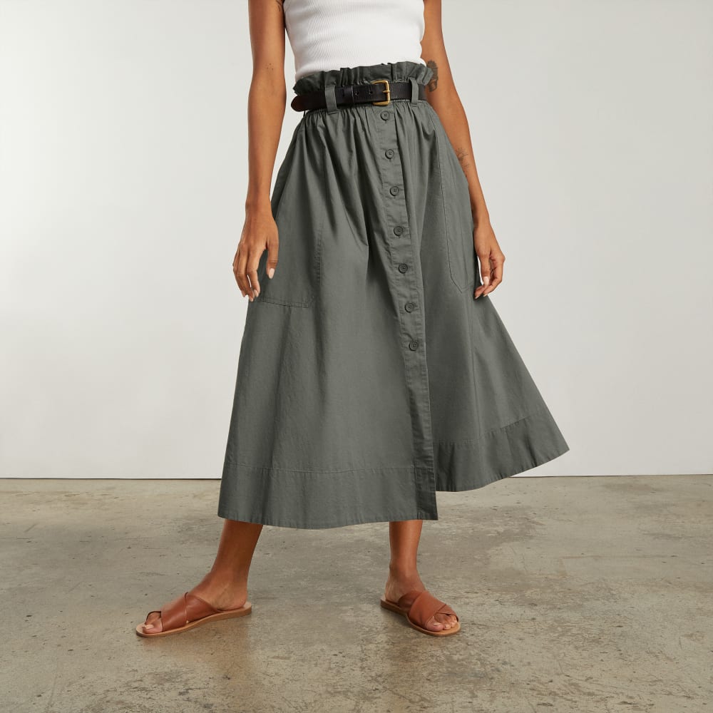 The Easy Button-Front Skirt in Pewter Green — alternate view