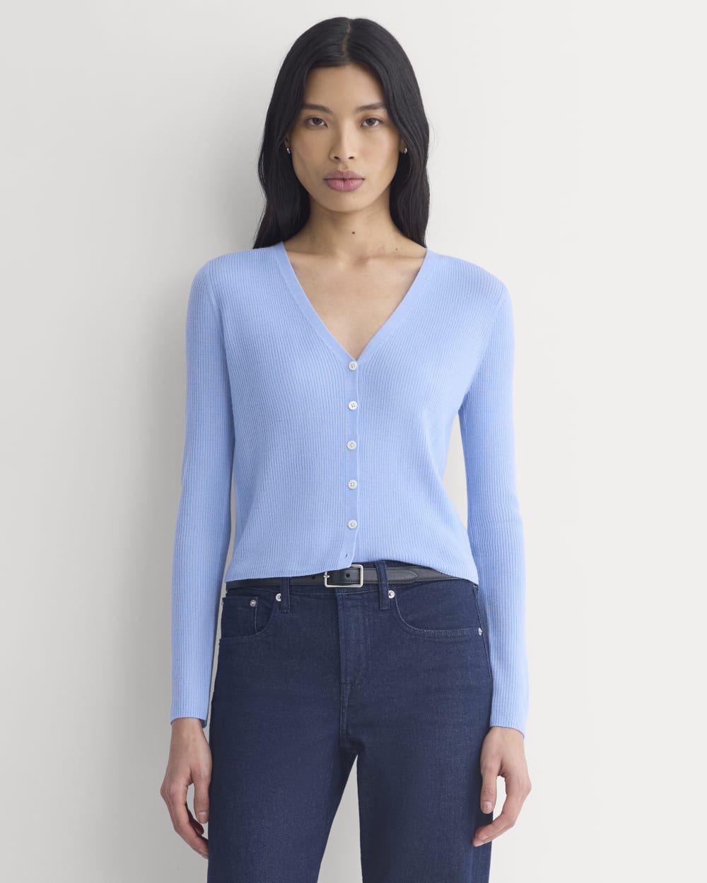 The Cardigan in Ultrasoft Merino in Open Air Blue — front view