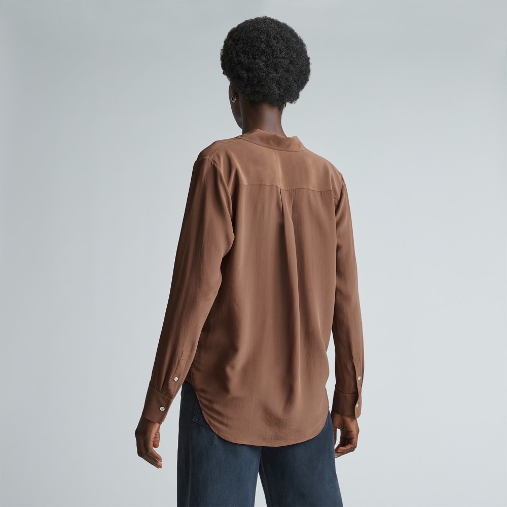 The Must-Have Shirt in Washable Silk in Carob Brown — detail view