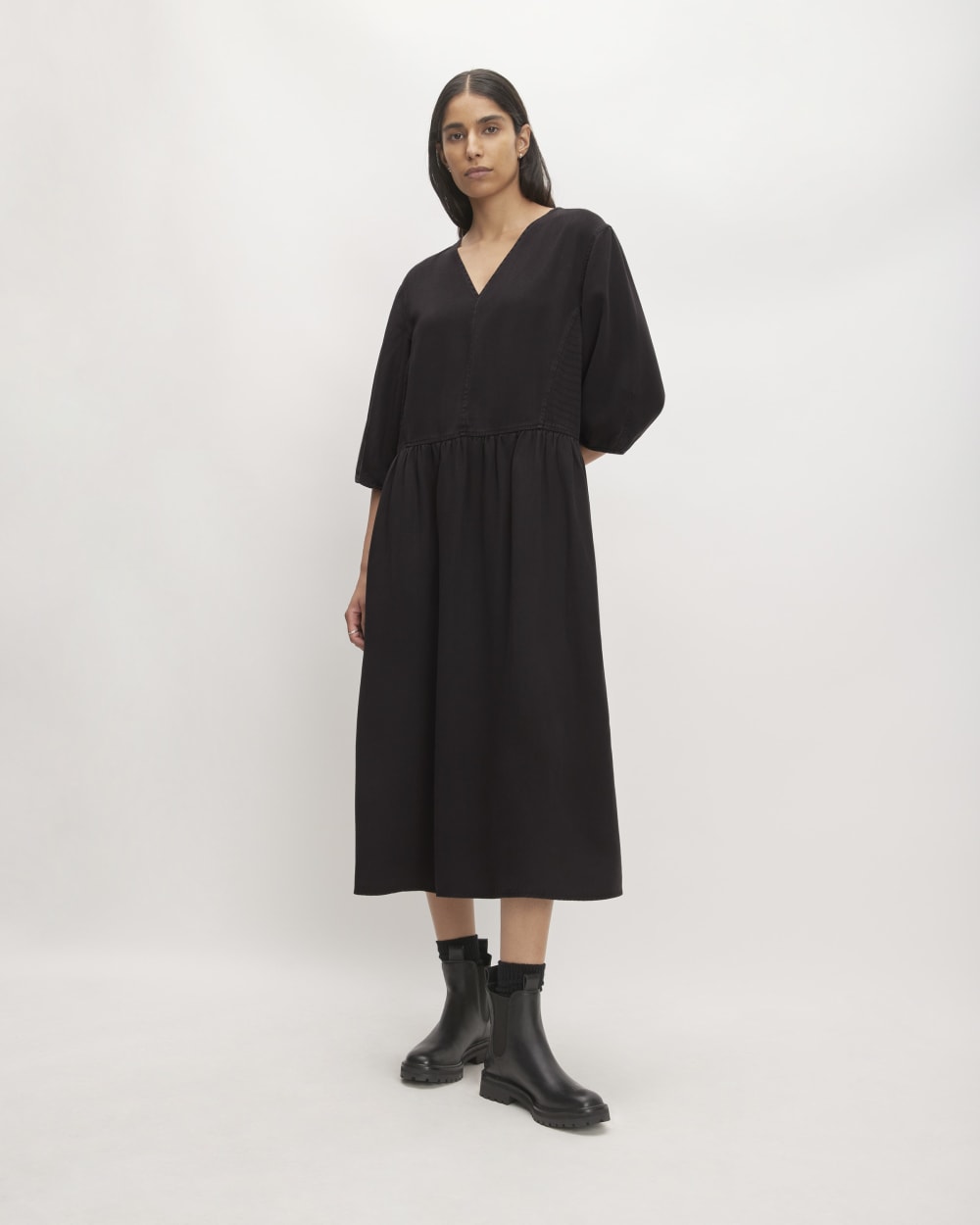 The TENCEL™ Puff-Sleeve Dress in Black — front view