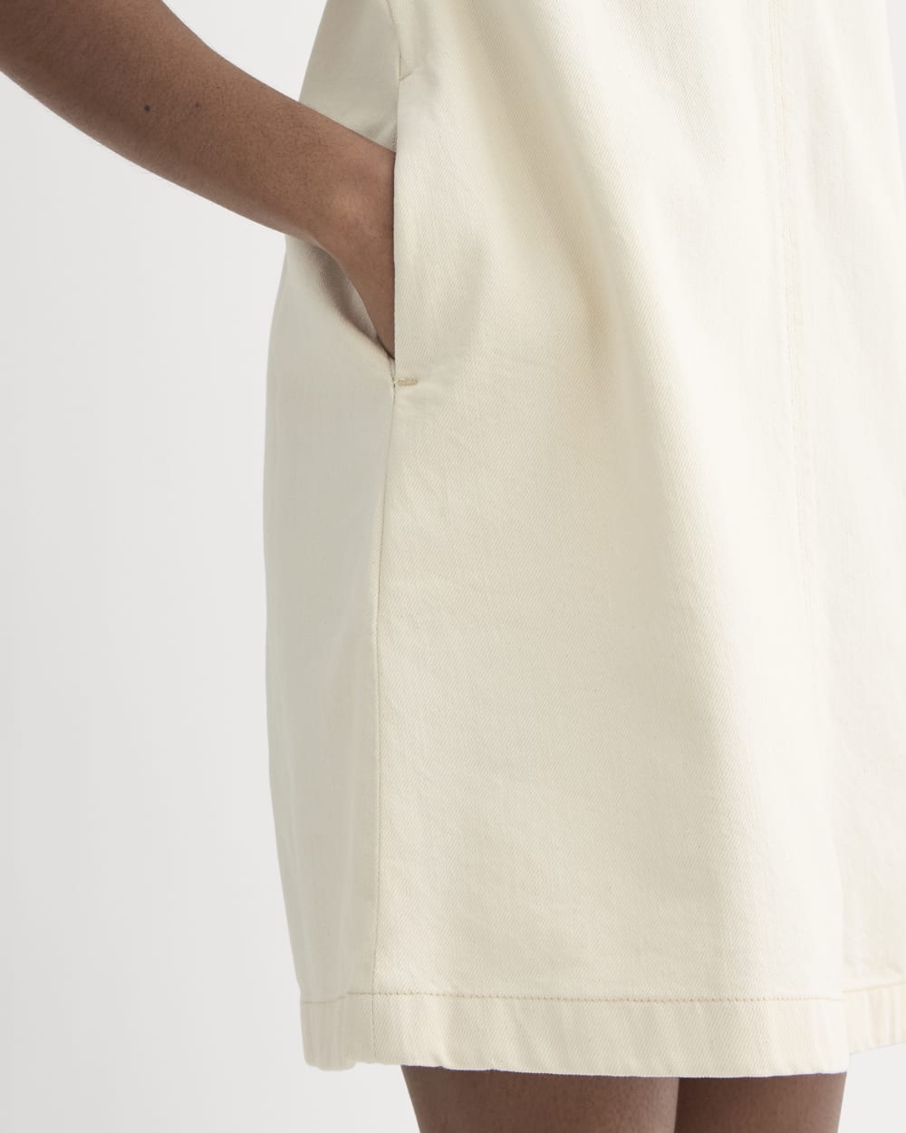 The Denim Shift Dress in Ecru — detail view
