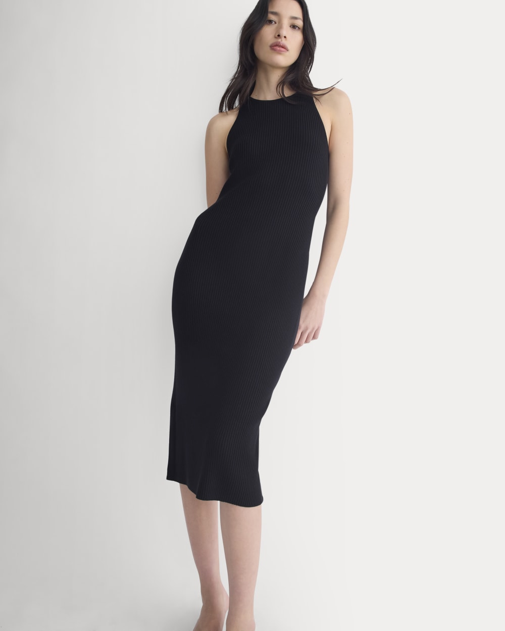 Cutaway Ribbed Midi Dress in Black — front view