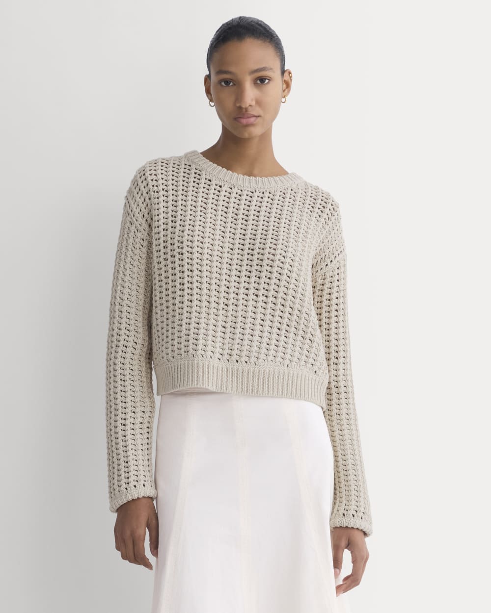 Open-Knit Crew in Elevated Cotton in Peyote — front view
