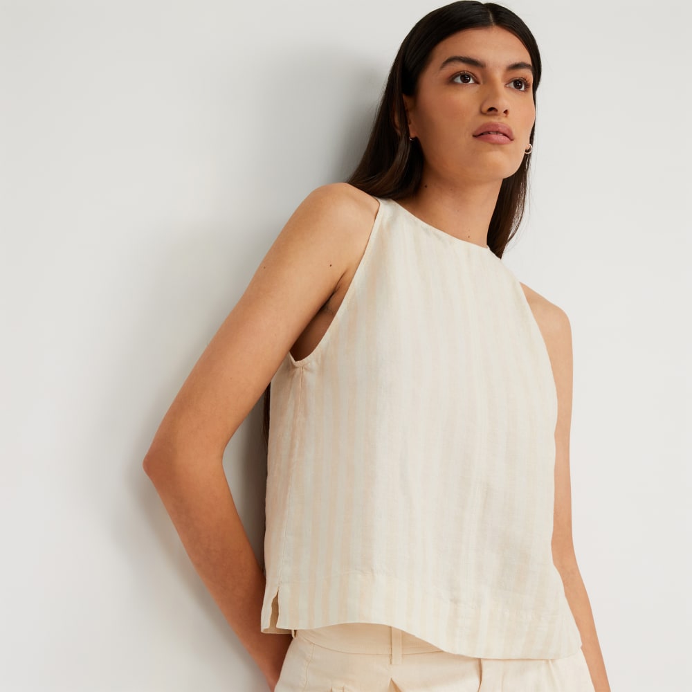 The Linen High-Neck Tank in Brazilian Sand / Canvas Tan — detail view