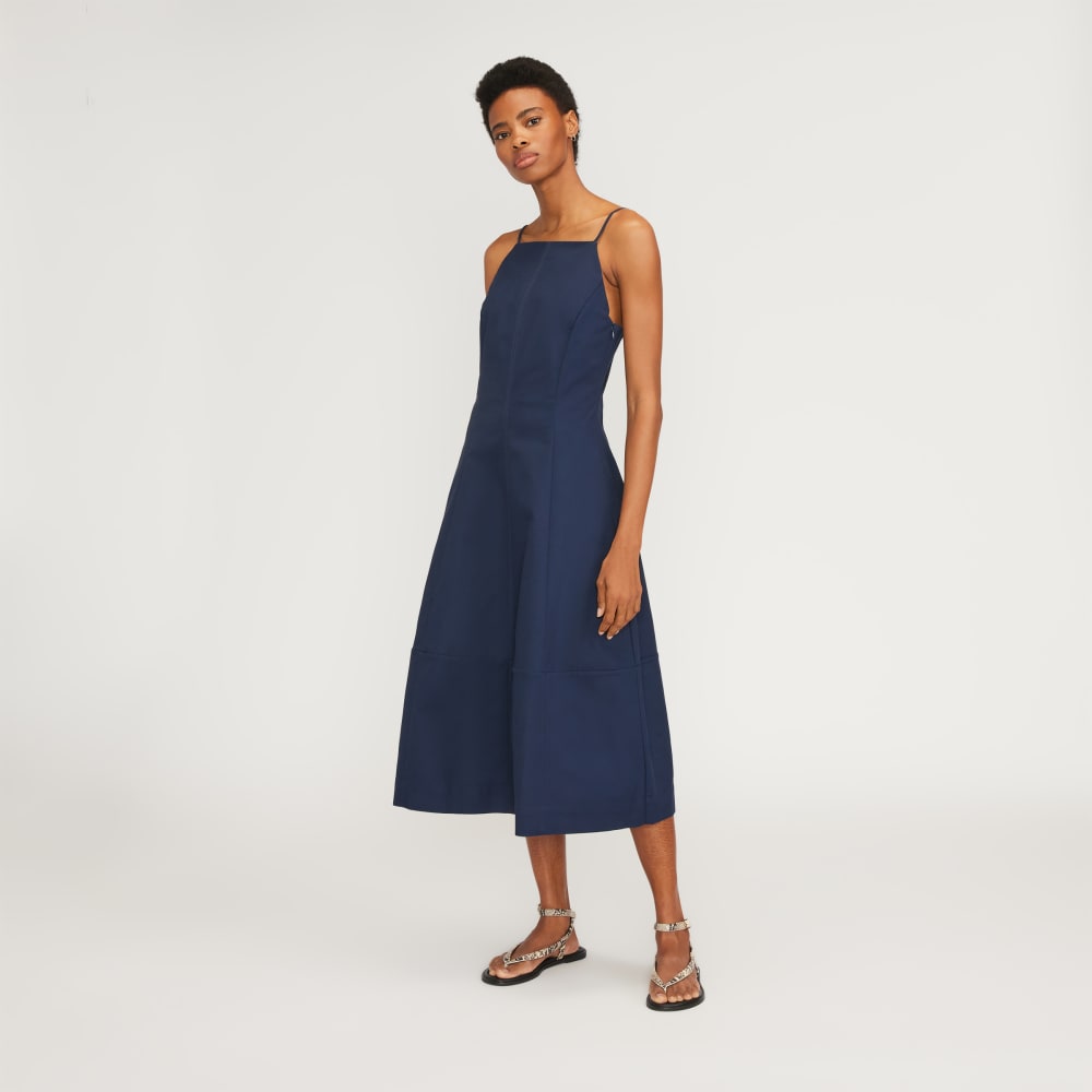 The Structured Cotton Bell Dress in Navy — front view