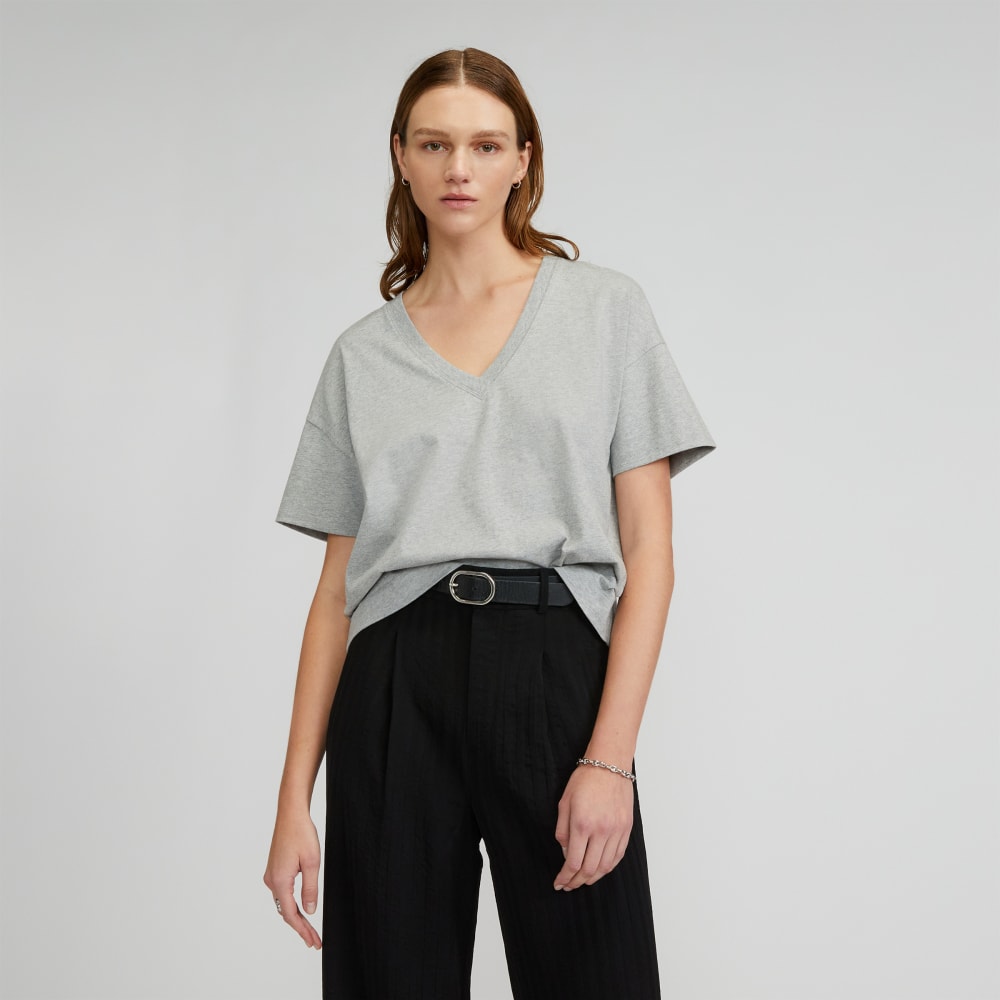 The Organic Cotton Slouchy V-Neck in Heathered Grey — front view