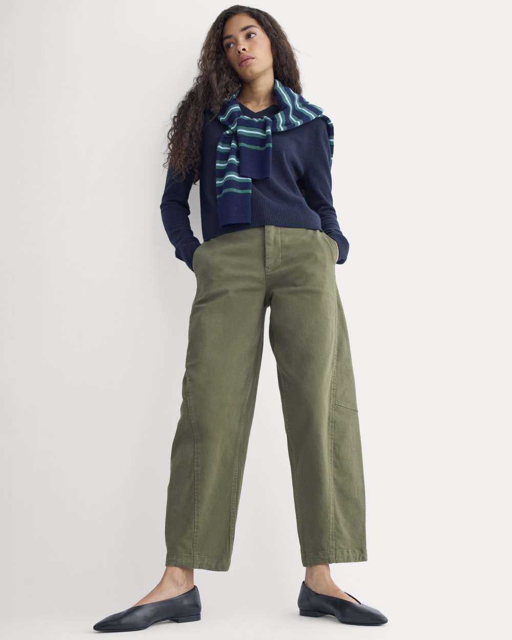 Twisted Seam Barrel Pant in Olive Night — detail view